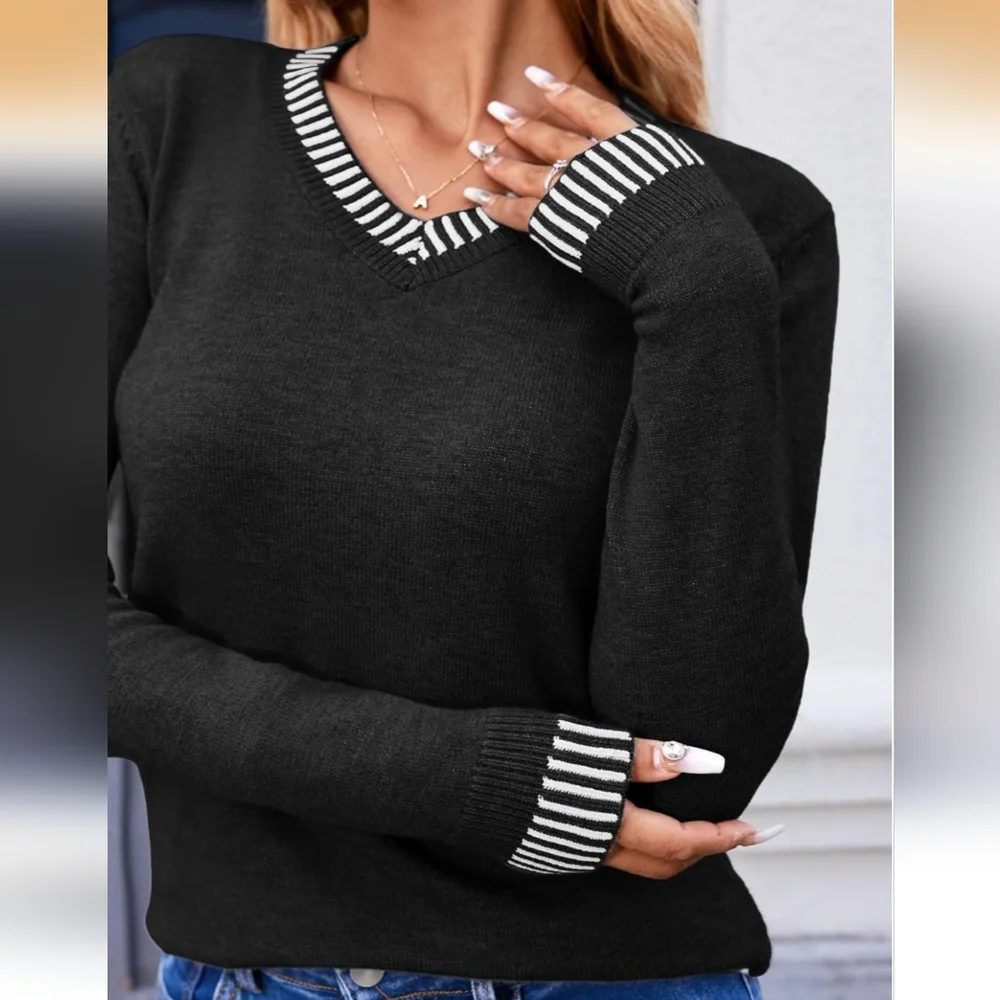 Black Long Sleeve Lightweight V-Neck Sweater with Striped Trim - NIP